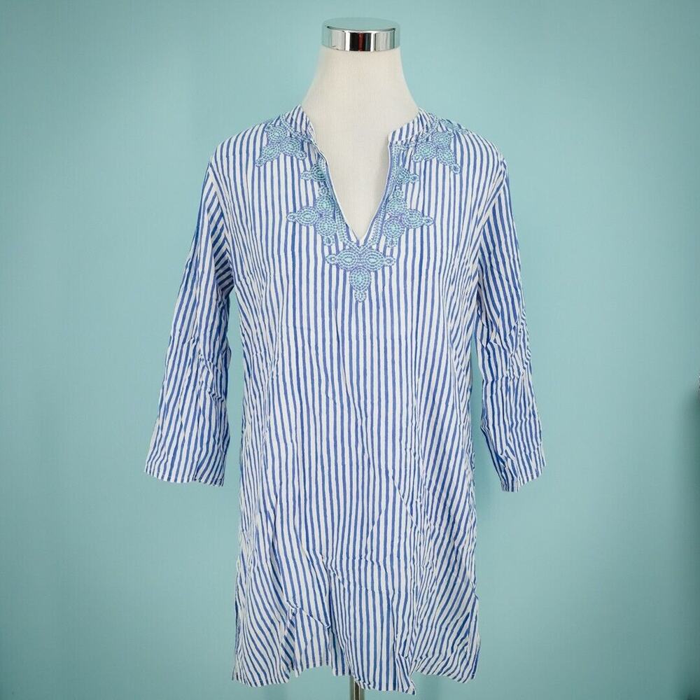 Roberta Roller Rabbit Size Medium M Blue Stripe Embroidered Cotton Tunic Top